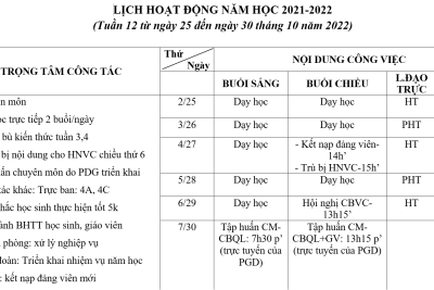 LỊCH HOẠT ĐỘNG NĂM HỌC 2021-2022 (Tuần 12 từ ngày 25 đến ngày 30 tháng 10 năm 2022)